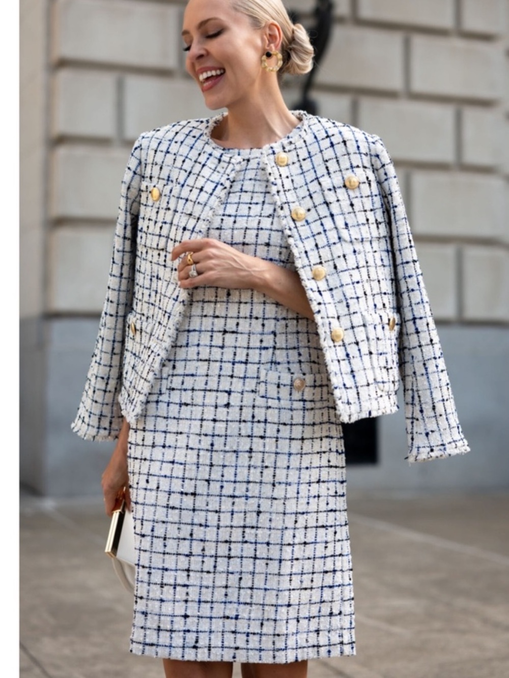 Ann Taylor Cream Tweed Dress with Black and Navy Grid Pattern (10)